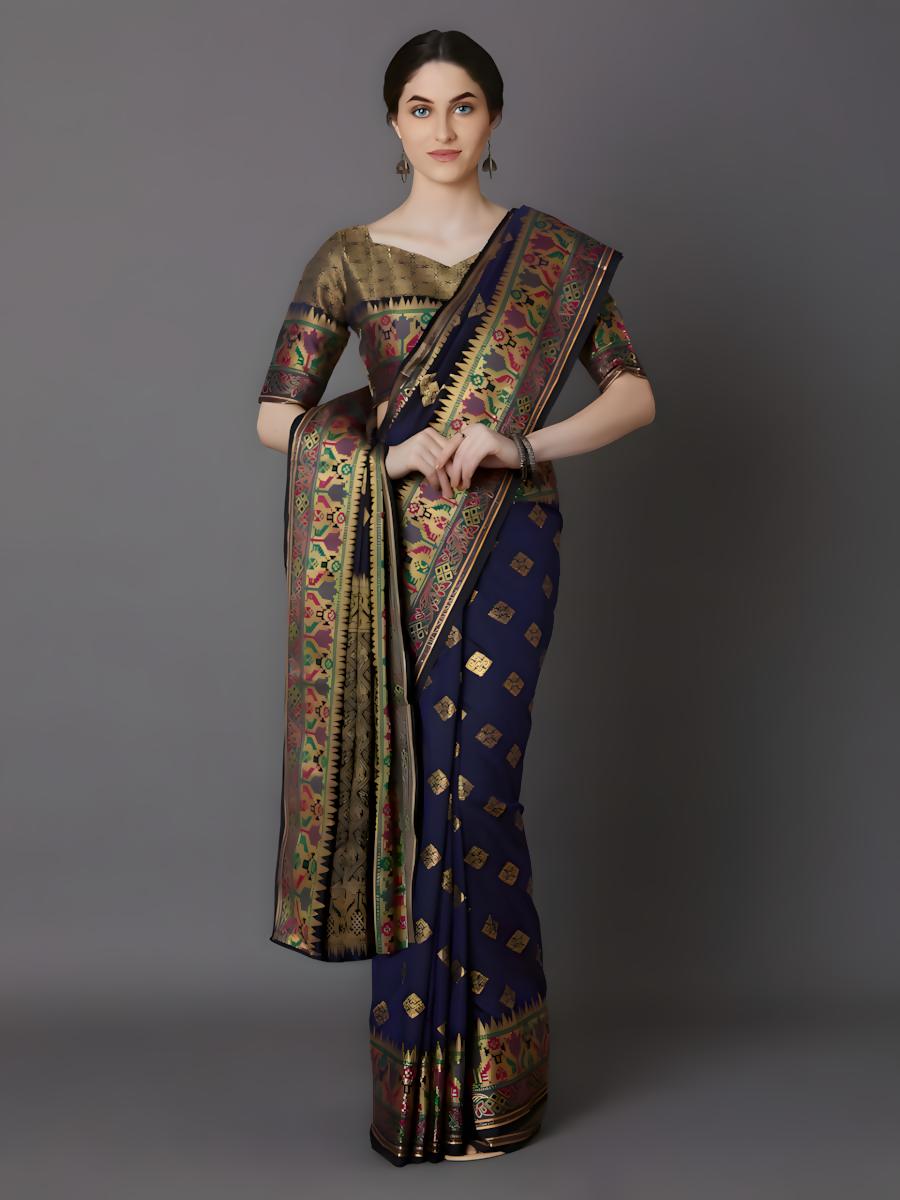 Soft Silk Screen Printed Premium Katan Sharee with Blouse - Baltic Sea