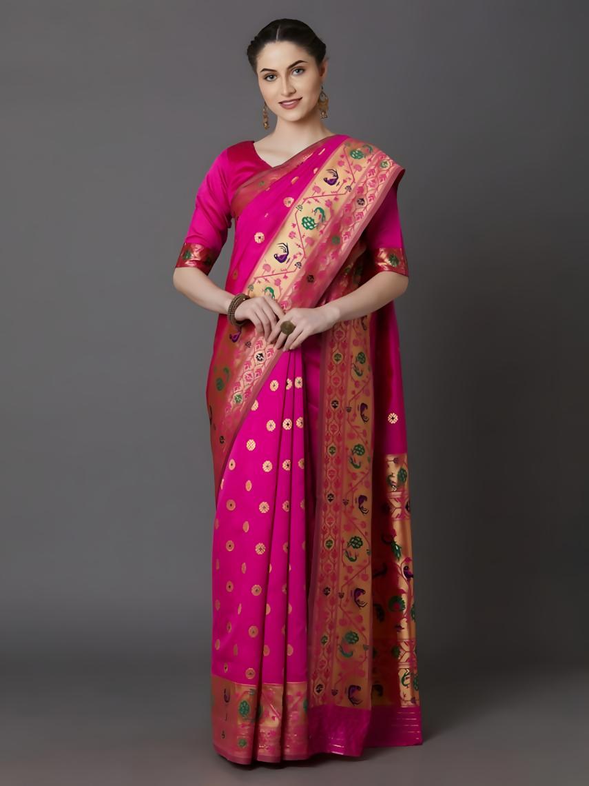 Soft Silk Screen Printed Premium Katan Sharee with Blouse - Hot Pink