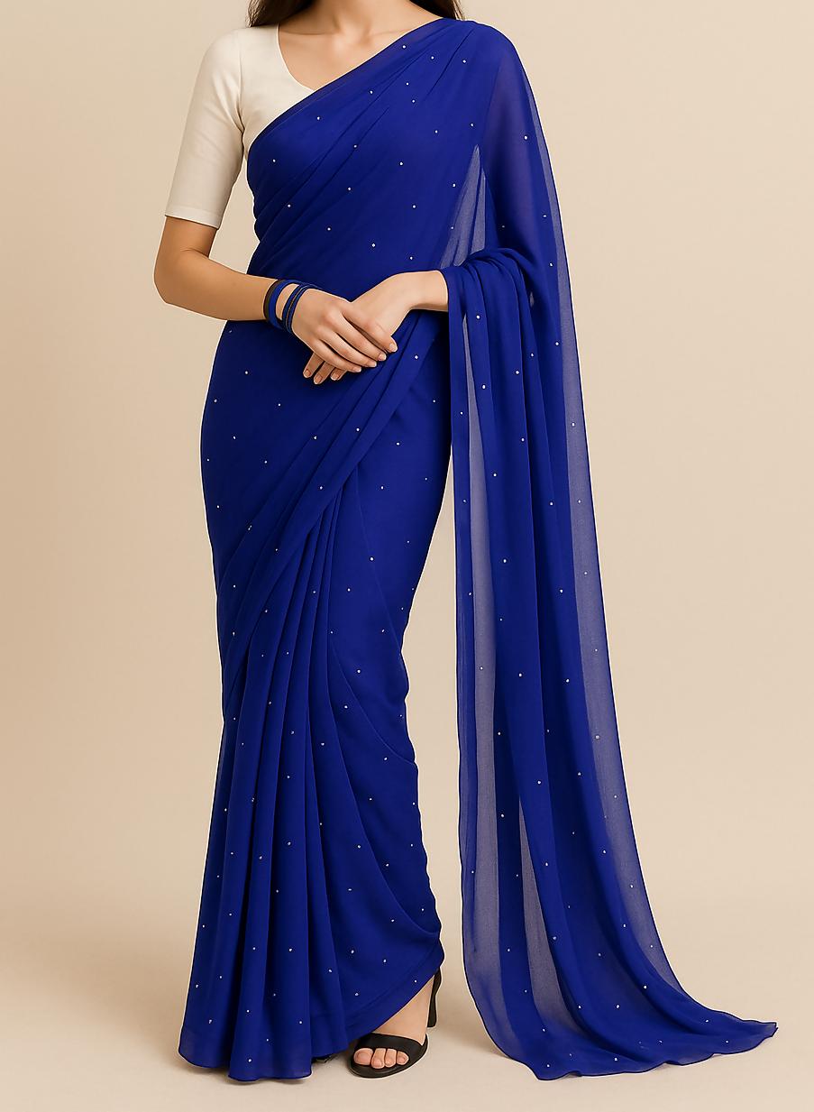 Pure Soft Georgette Stonework Blue Saree for Women