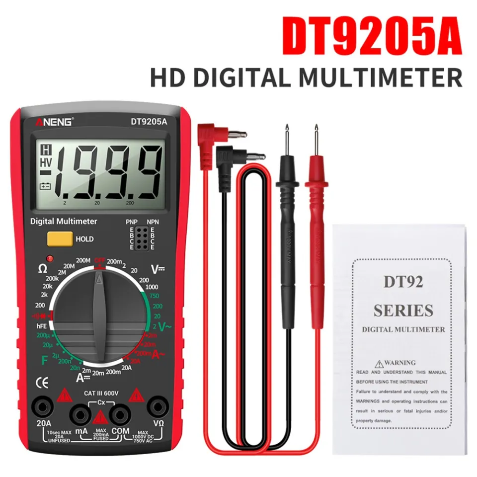 DT9205A Digital Multimeter AC/DC Transistor Tester Red 25A Current Tester