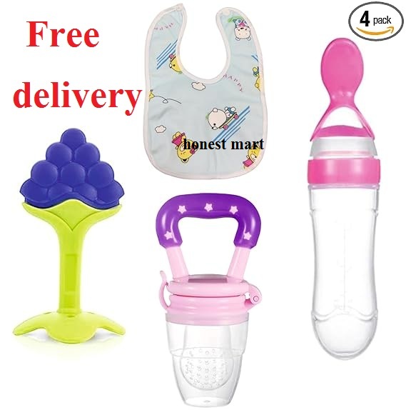 Roforuf Fruit Feeder 1 pcs, Silicone Baby Food Dispensing Spoon 90 ml 1pcs, Fruit Shape Teether 1 pcs and Baby bib 1 pcs